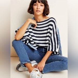 NWOT Anthropologie Navy and White Evie Poncho Sweater